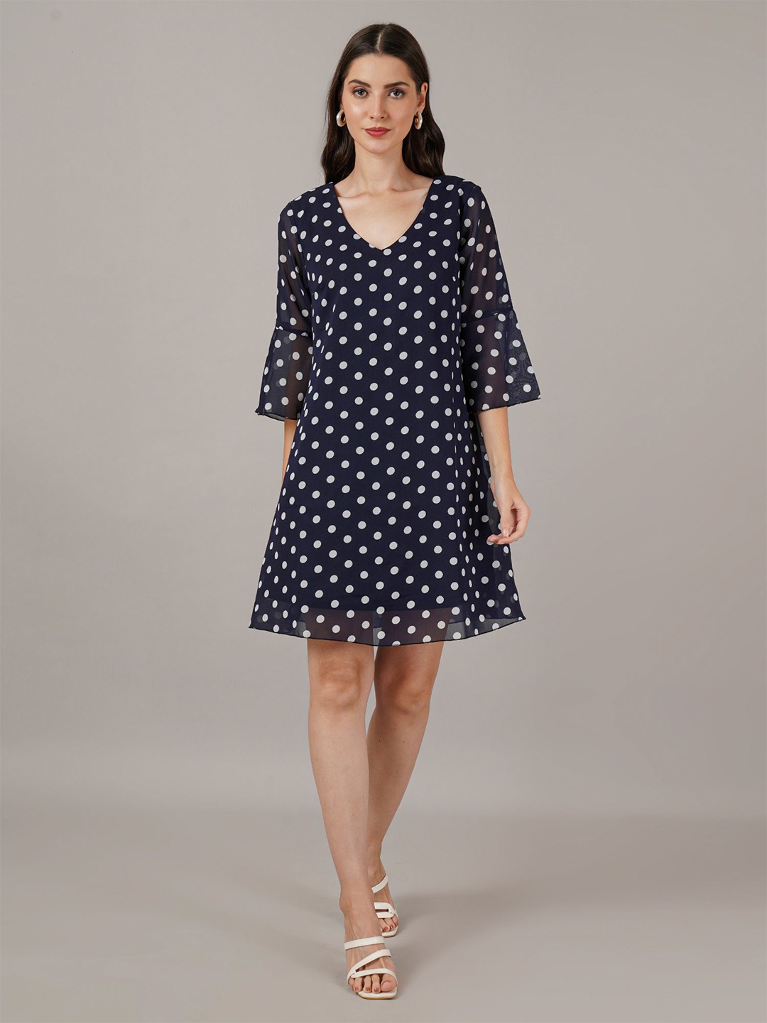 

Curvydrobe Women Polka Dot Print Bell Sleeve A-Line Dress, Navy blue