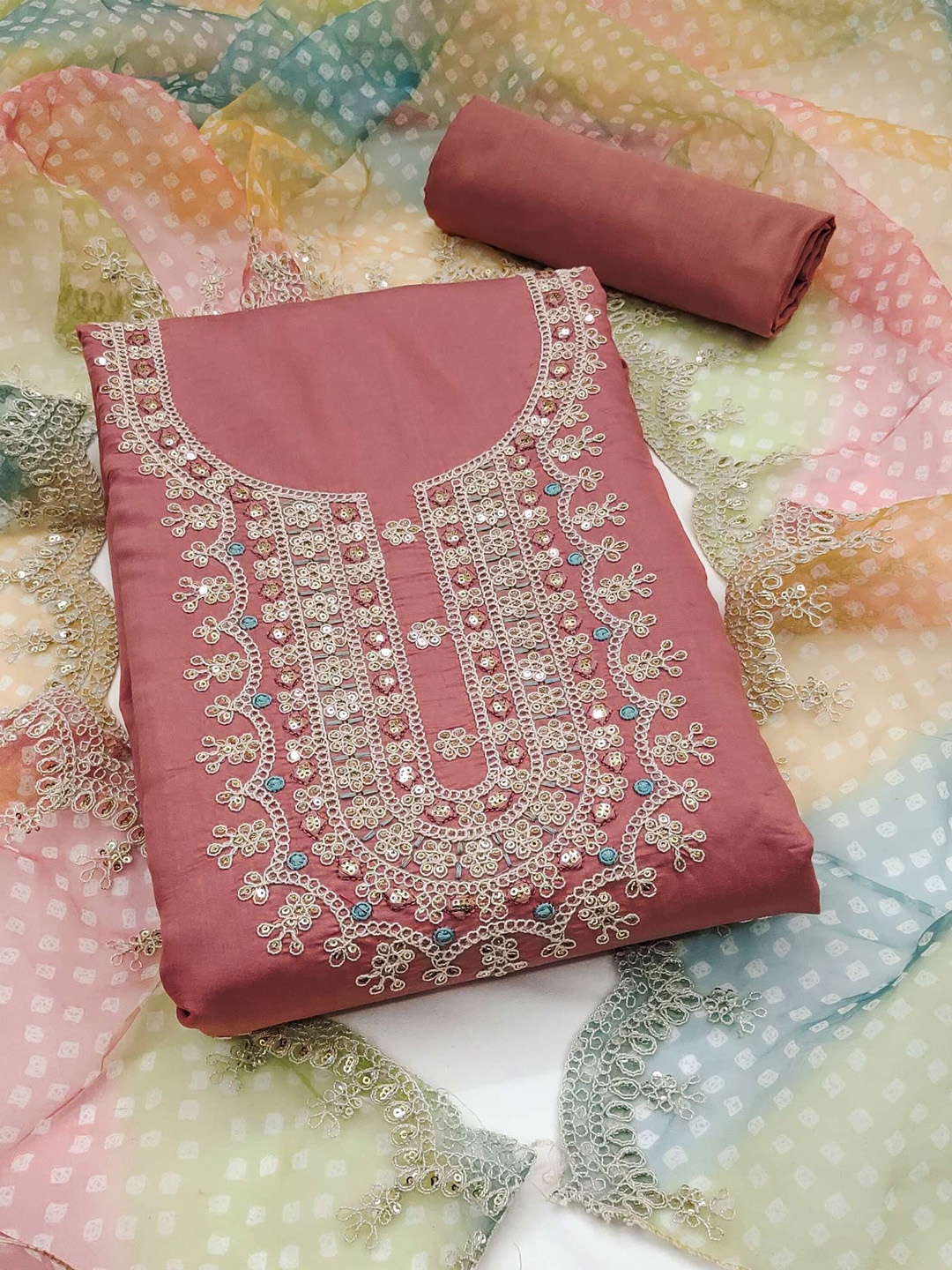 

Peachmode Floral Embroidered Sequinned Roman Chanderi Silk Unstitched Dress Material, Pink