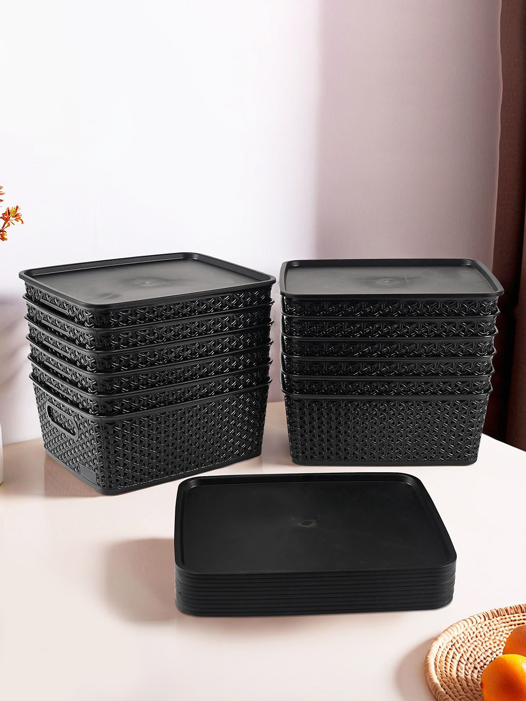 

Kuber Industries Black 12 Pieces Checked Reusable Tote Basket Organisers