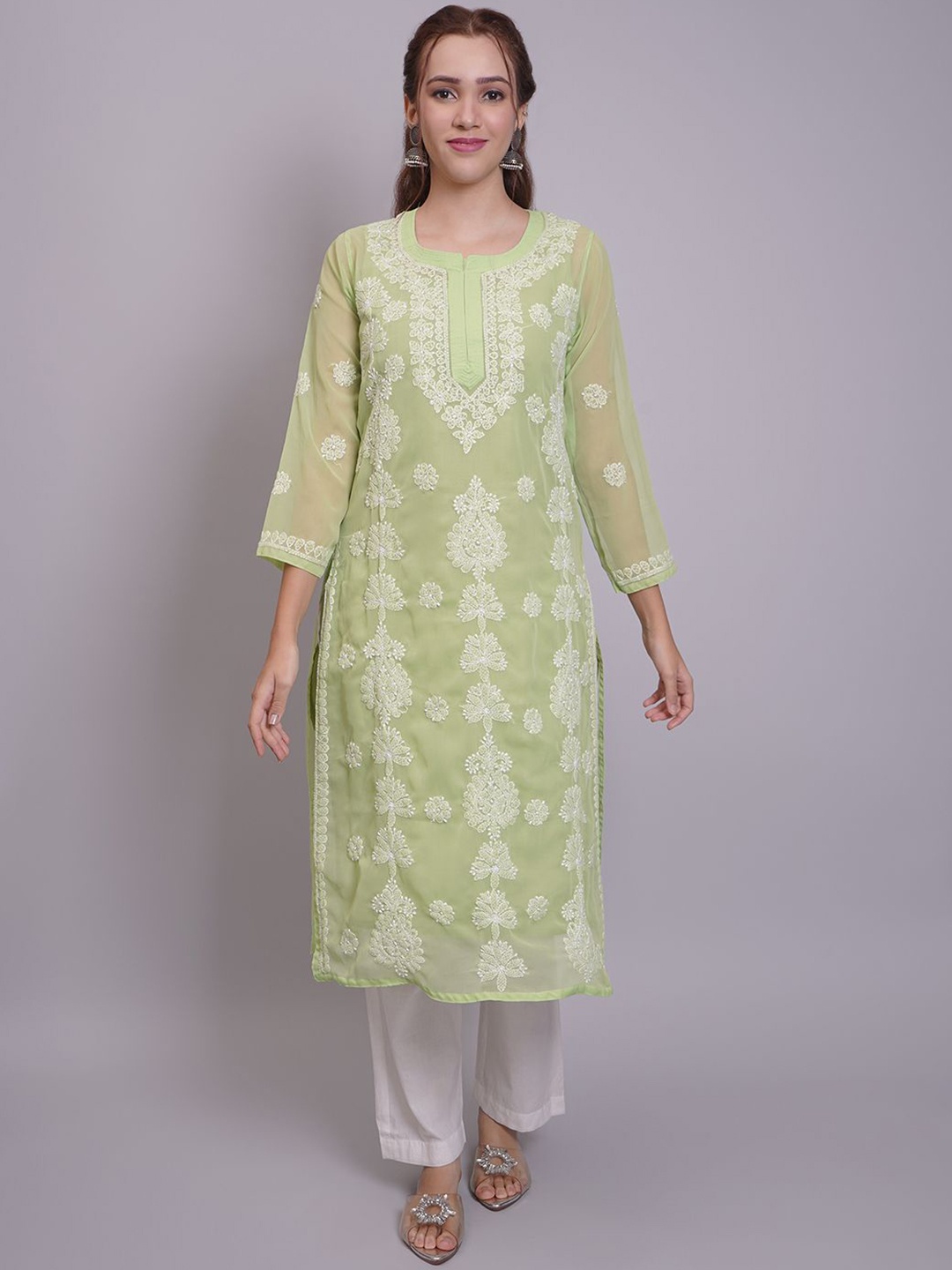 

Seva Chikan Round Neck Ethnic Motifs Embroidered Chikankari Georgette Kurta, Green