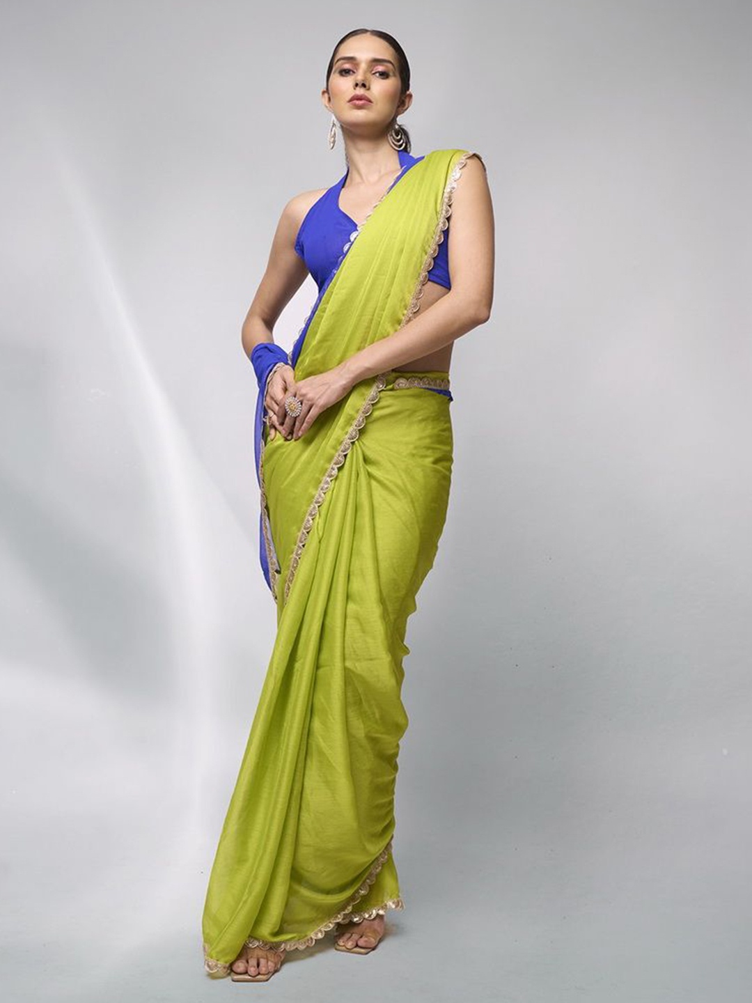 

Mitera Colourblocked Gotta Patti Pure Chiffon Saree, Fluorescent green