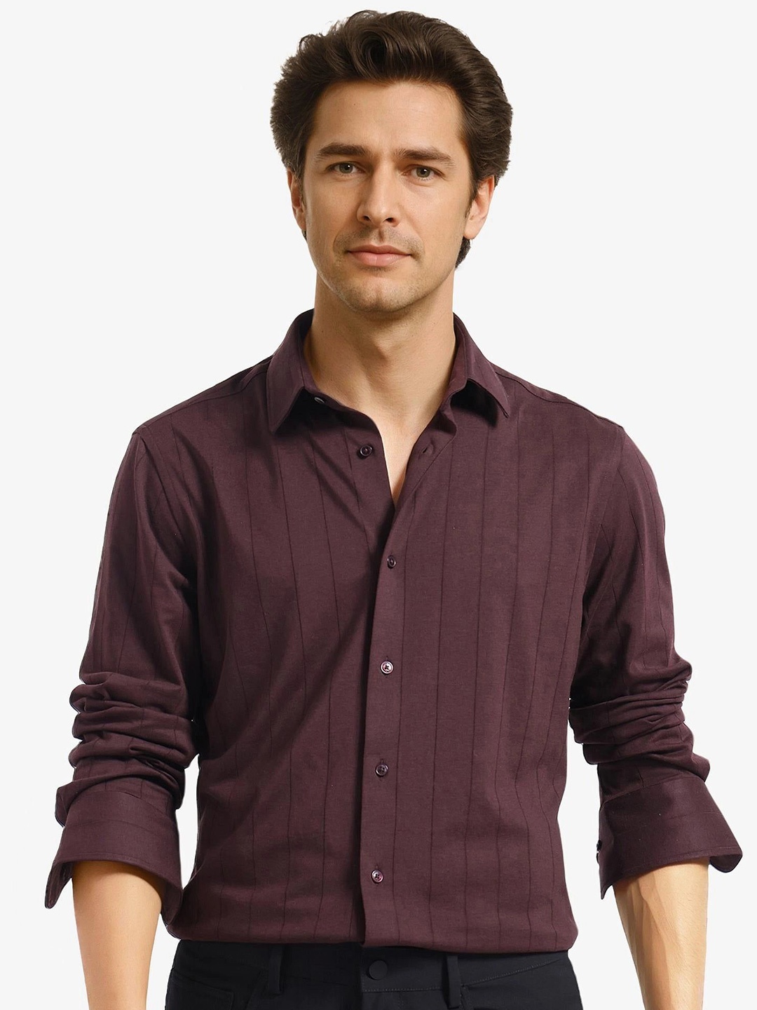 

RARE RABBIT Men Comfort Spread Collar Vertical Striped Cotton Casual Shirt, Brown