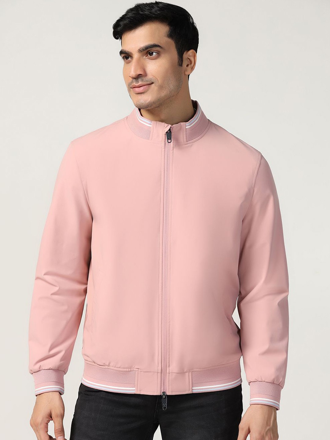 

Blackberrys Men Mock Collar Solid Casual Bomber Jacket, Peach