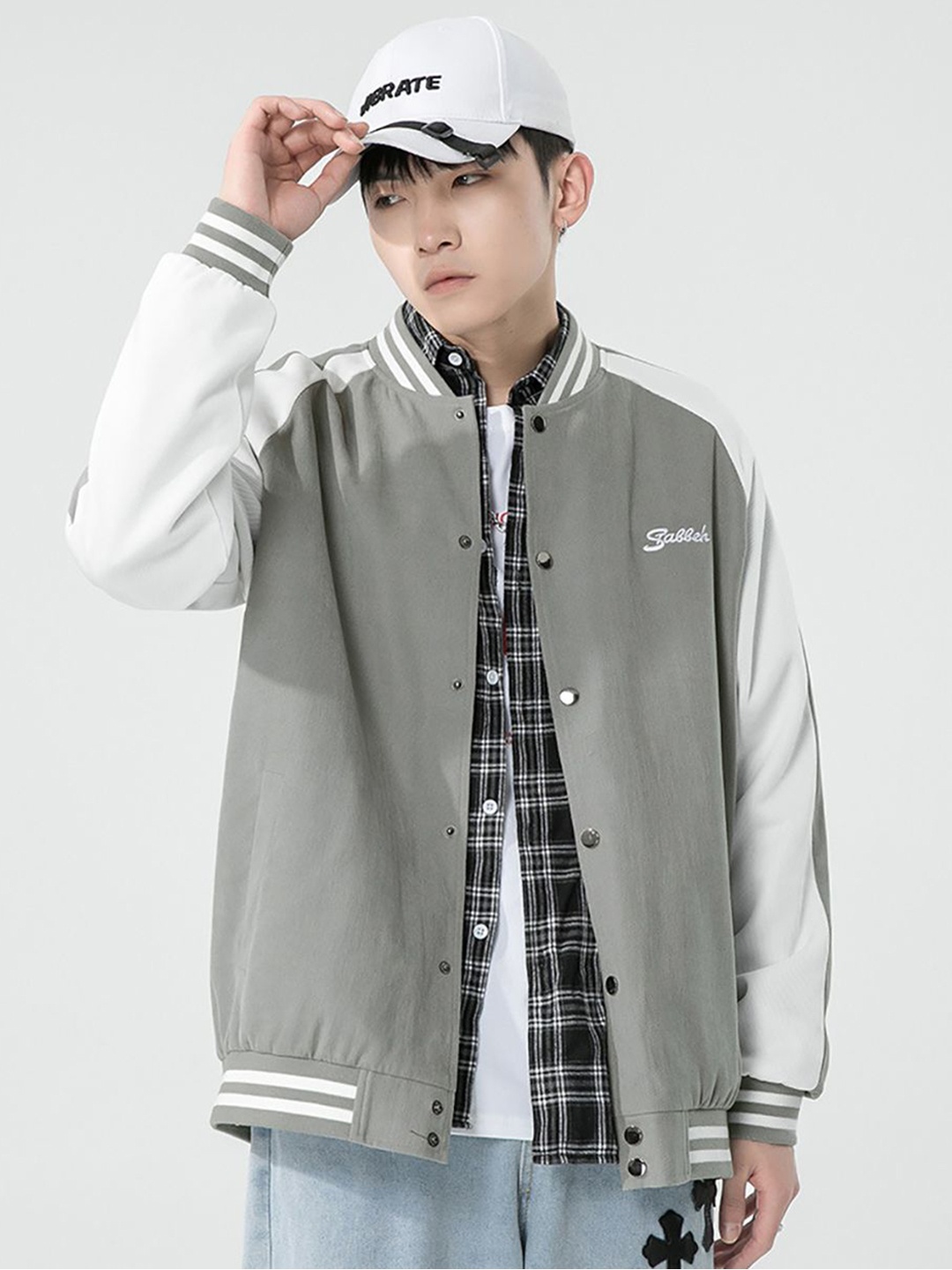 

StyleCast x Revolte Men Stand Collar Colourblocked Casual Bomber Jacket, Grey