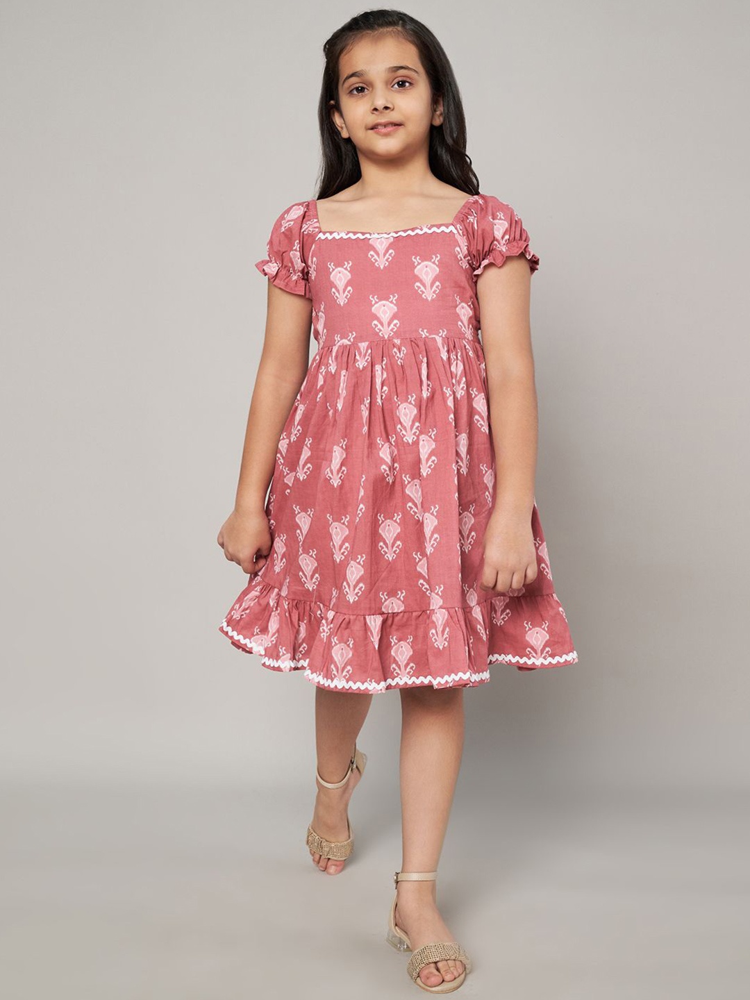 

FABRIC FITOOR Girls Floral Printed Puff Sleeve Cotton Fit & Flare Dress, Rose