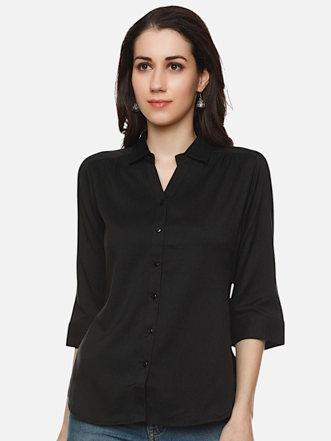 

Biyu Women Classic Spread Collar Solid Cotton Formal Shirt, Black