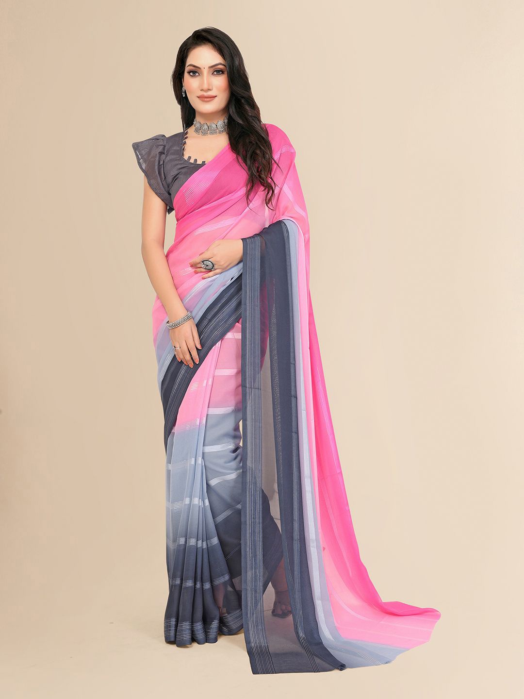 

Moda Rapido Striped Satin Saree with Blouse Piece, Pink