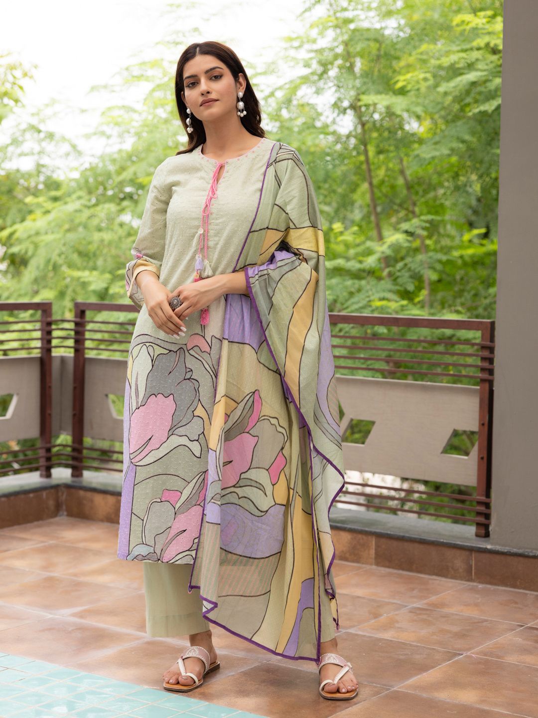 

Ambraee Floral Printed Thread Work Straight Kurta With Trouser & Dupatta, Green