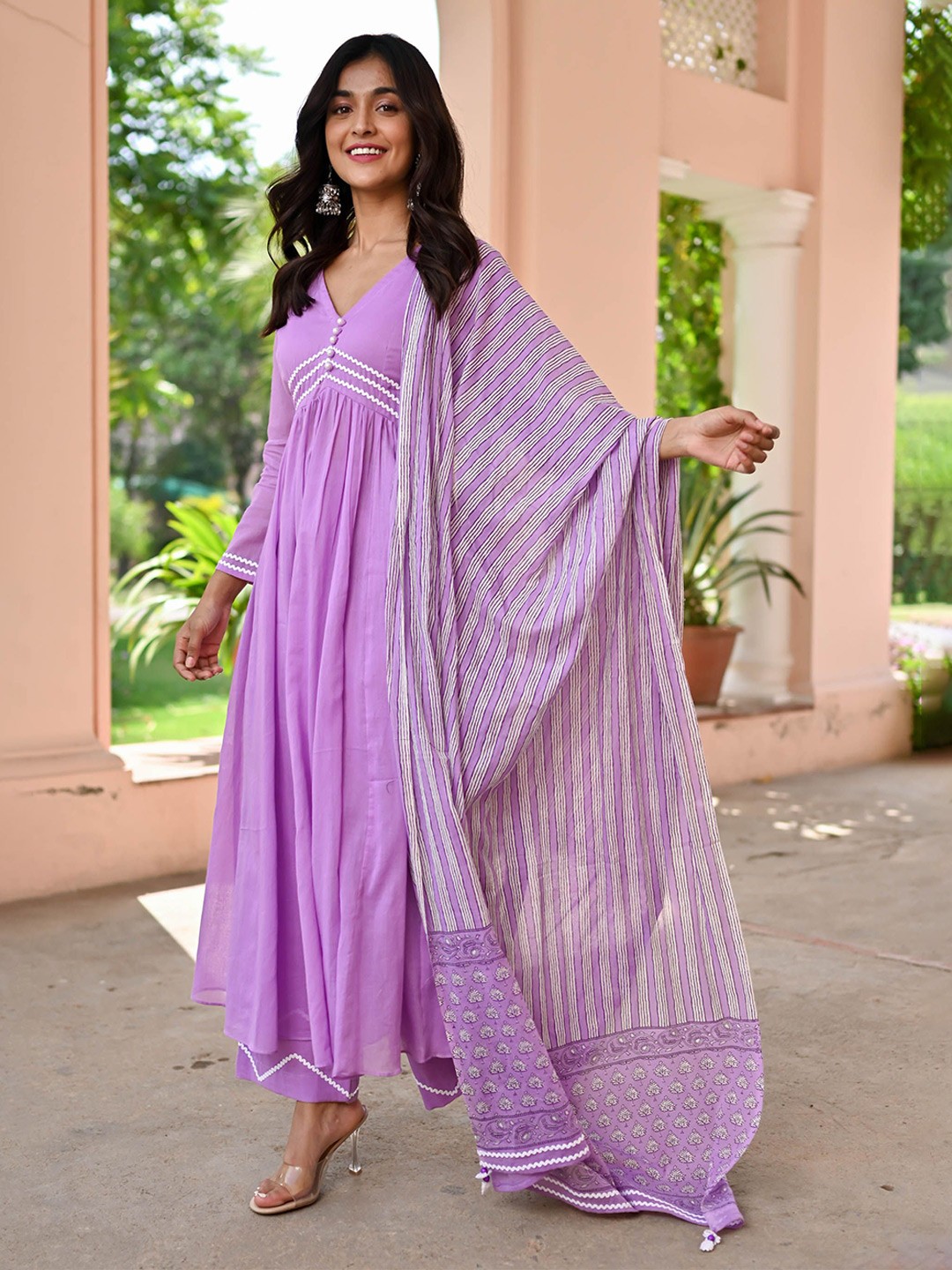 

Bunaai Gotta Patti V Neck Cotton Anarkali Kurta with Pyjamas & Dupatta, Purple