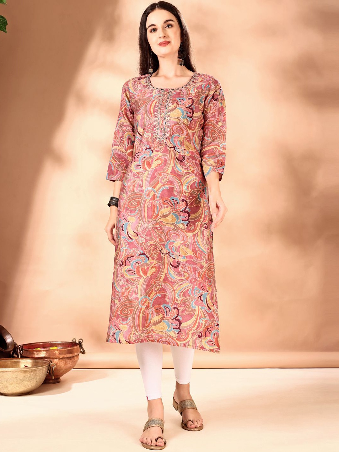 

KUNDAN FAB Floral Printed Thread Work Cotton Straight Kurta, Pink