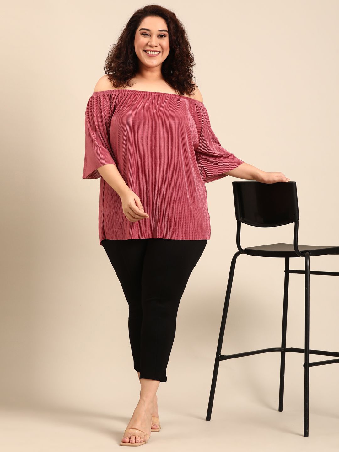 

The Pink Moon Women Off-Shoulder Bell Sleeve Plus Size Pleated Top
