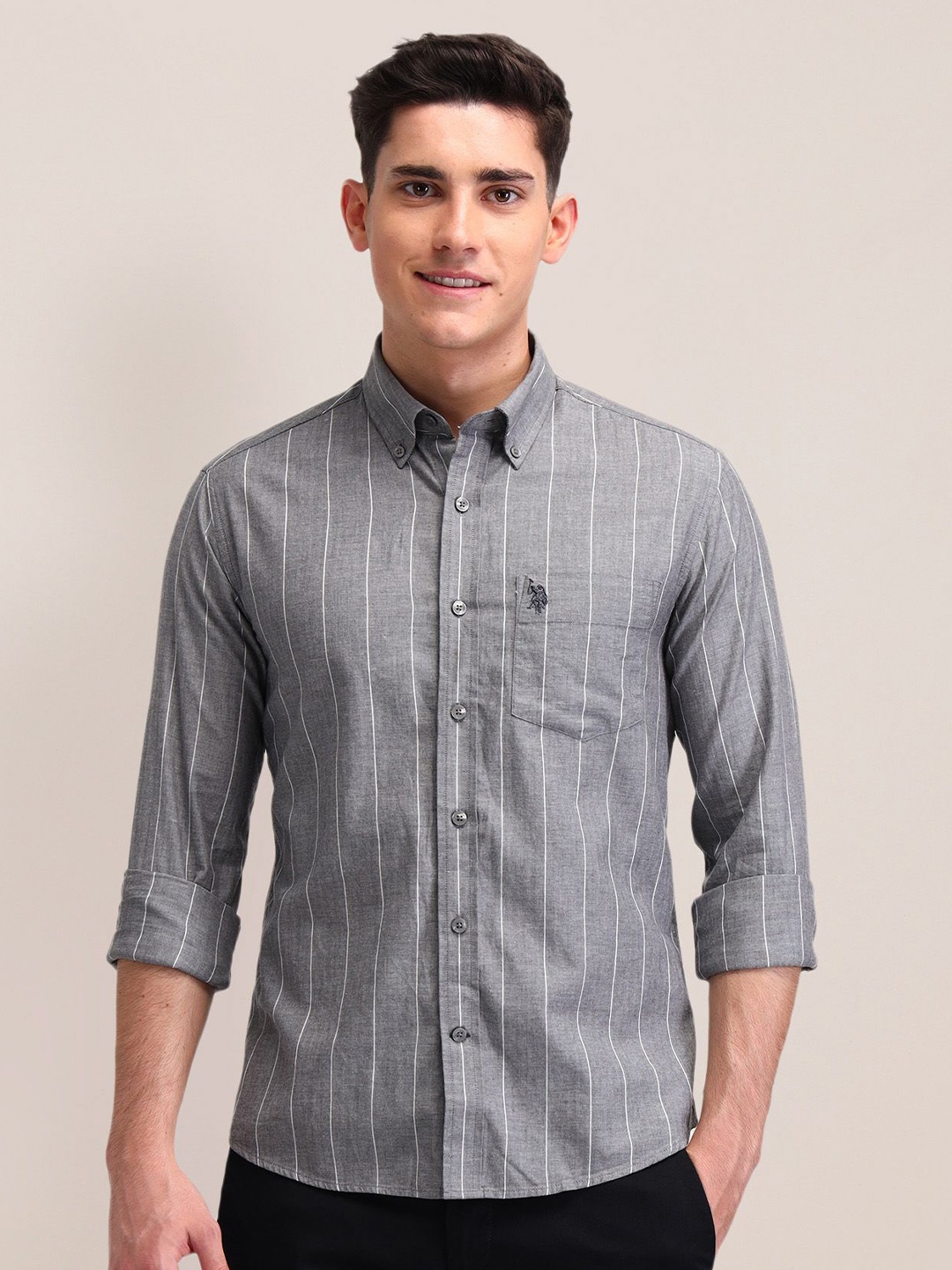 

U.S. Polo Assn. Men Classic Tailored Fit Opaque Striped Casual Shirt, Grey