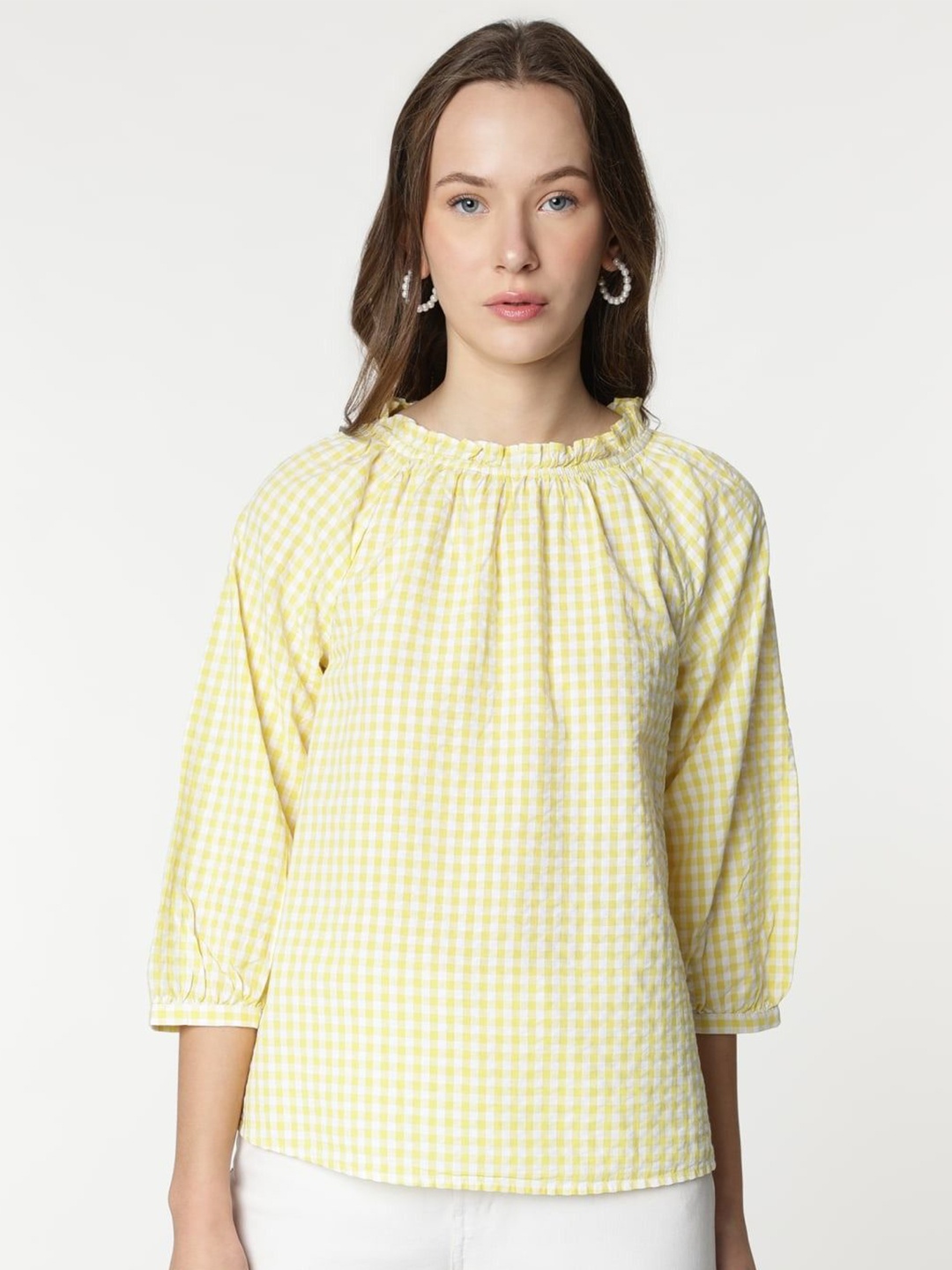 

Marks & Spencer Women Cotton Checked Ruffled Neck Top, Yellow