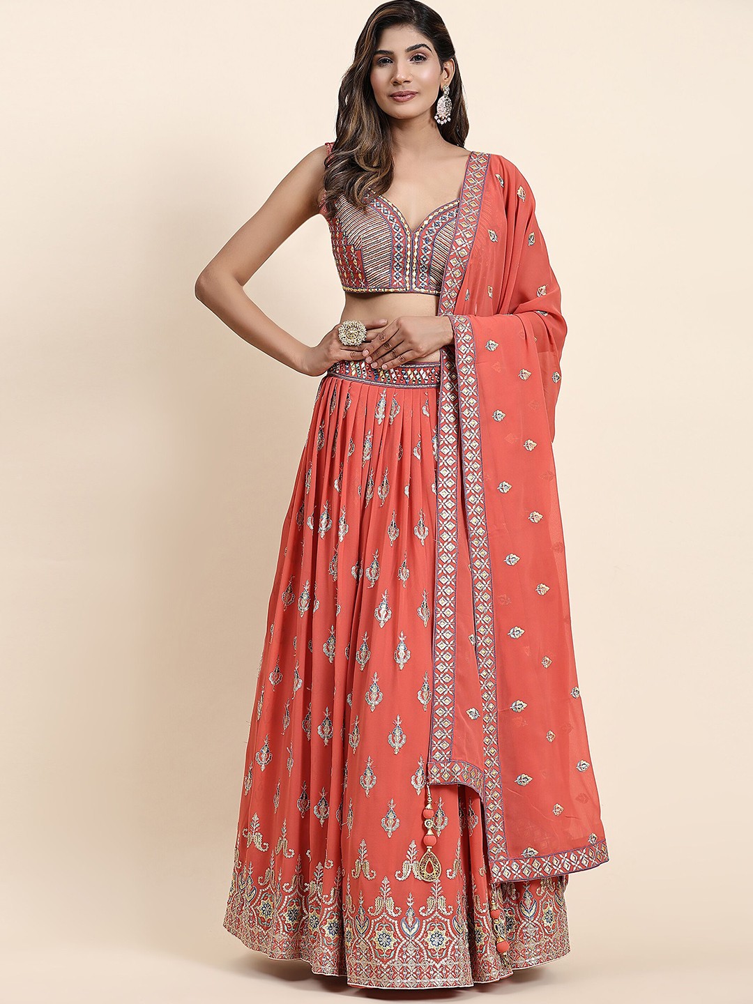 

VANAKARA Embellished Sequinned Ready to Wear Lehenga & Blouse With Dupatta, Rust