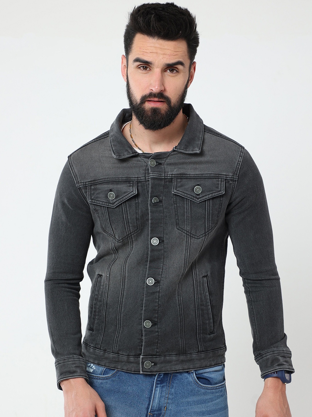 

Reslag Men Spread Collar Solid Denim Casual Denim Jacket, Charcoal