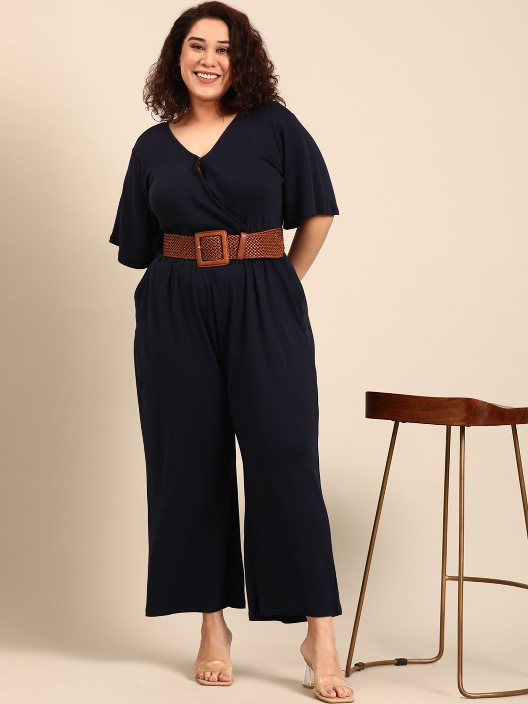 

The Pink Moon Women V-Neck Cotton Basic Jumpsuit, Navy blue
