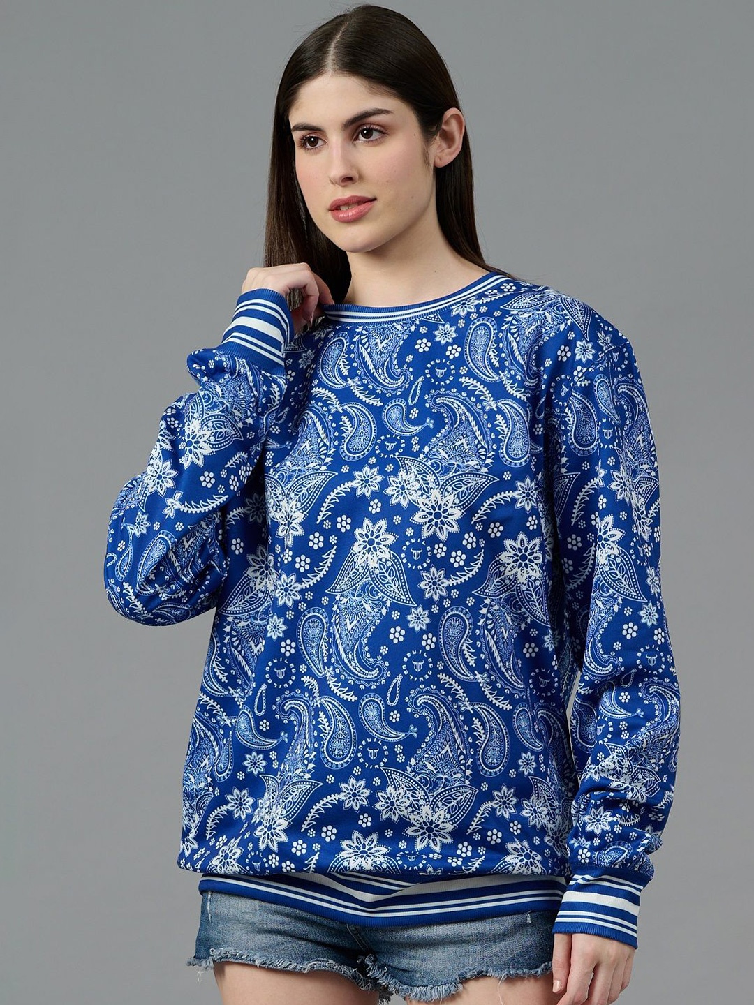 

GO DEVIL Women Ethnic Motifs Printed Woollen Oversized Round Neck Long Sleeves Sweatshirt, Blue