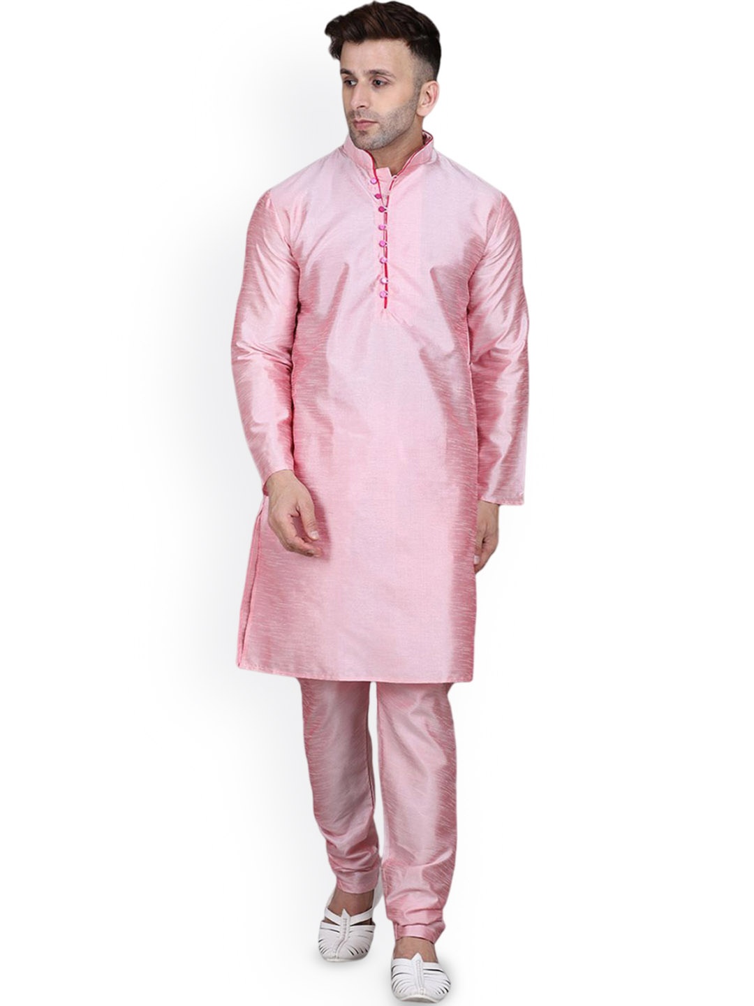 

REFULGENT Mandarin Collar Straight Kurta with Churidar, Pink