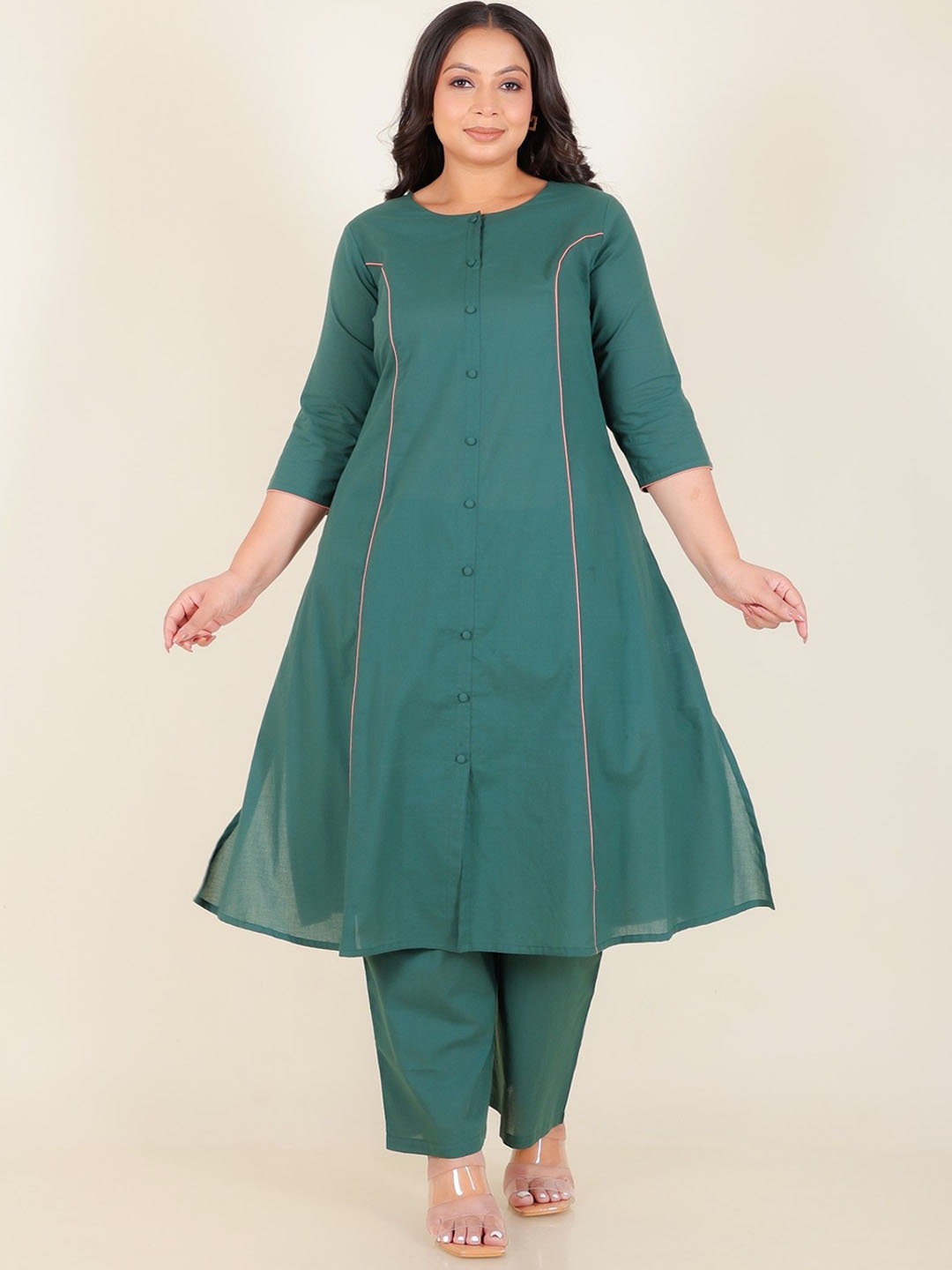 

Aramya Round Neck Three-Quarter Sleeves Panelled Pure Cotton A-Line Kurta With Trouser, Green