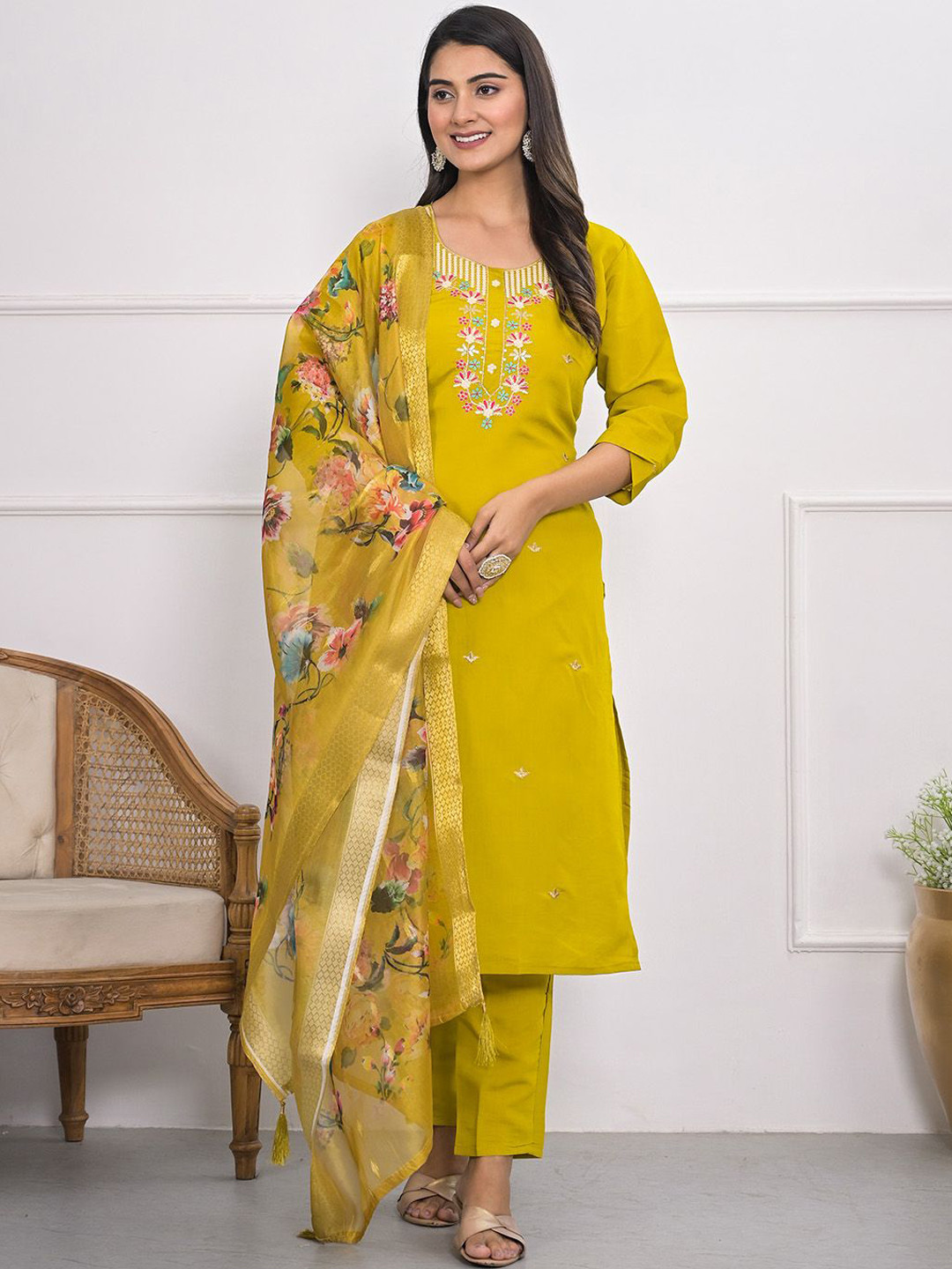 

Ishin Floral Embroidered Thread Work Straight Kurta with Trouser & Dupatta, Yellow