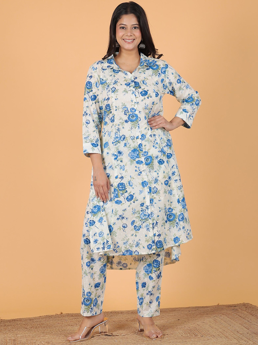 

Aramya Shirt Collar Floral Printed Pure Cotton High-Low Kurta with Trousers, White