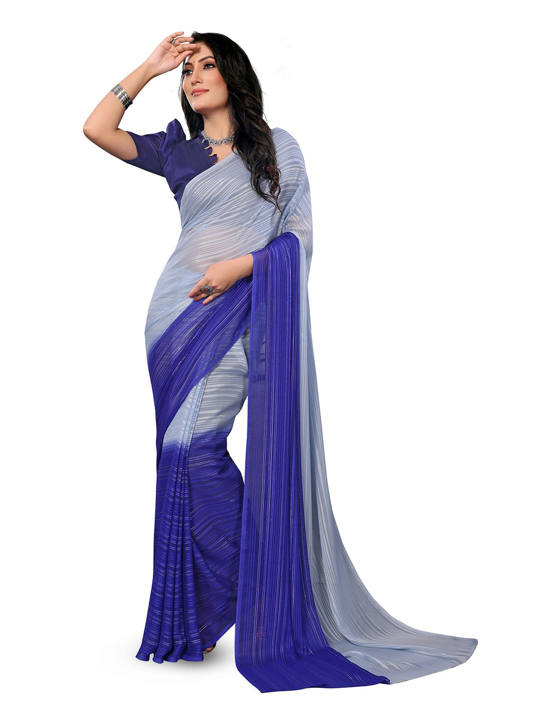 

Moda Rapido Women Zari Striped Satin Saree, Grey