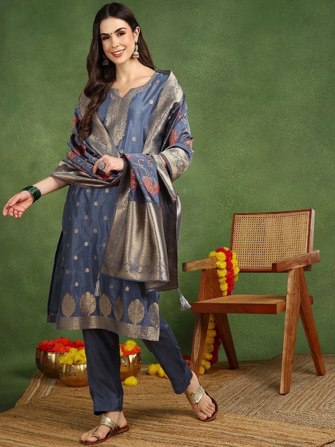 

KALINI Notch Neck Floral Woven Design Straight Kurta with Trouser & Dupatta, Blue