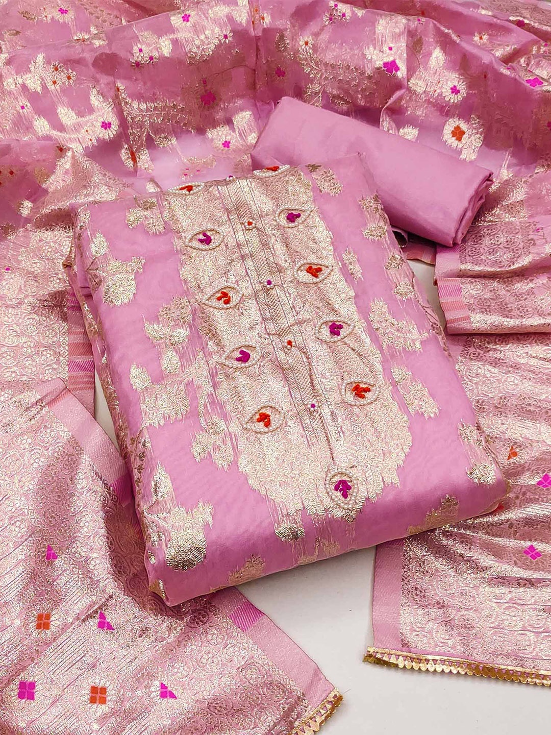 

Peachmode Floral Woven Design Beads and Stones Unstitched Chanderi Silk Dress Material, Pink
