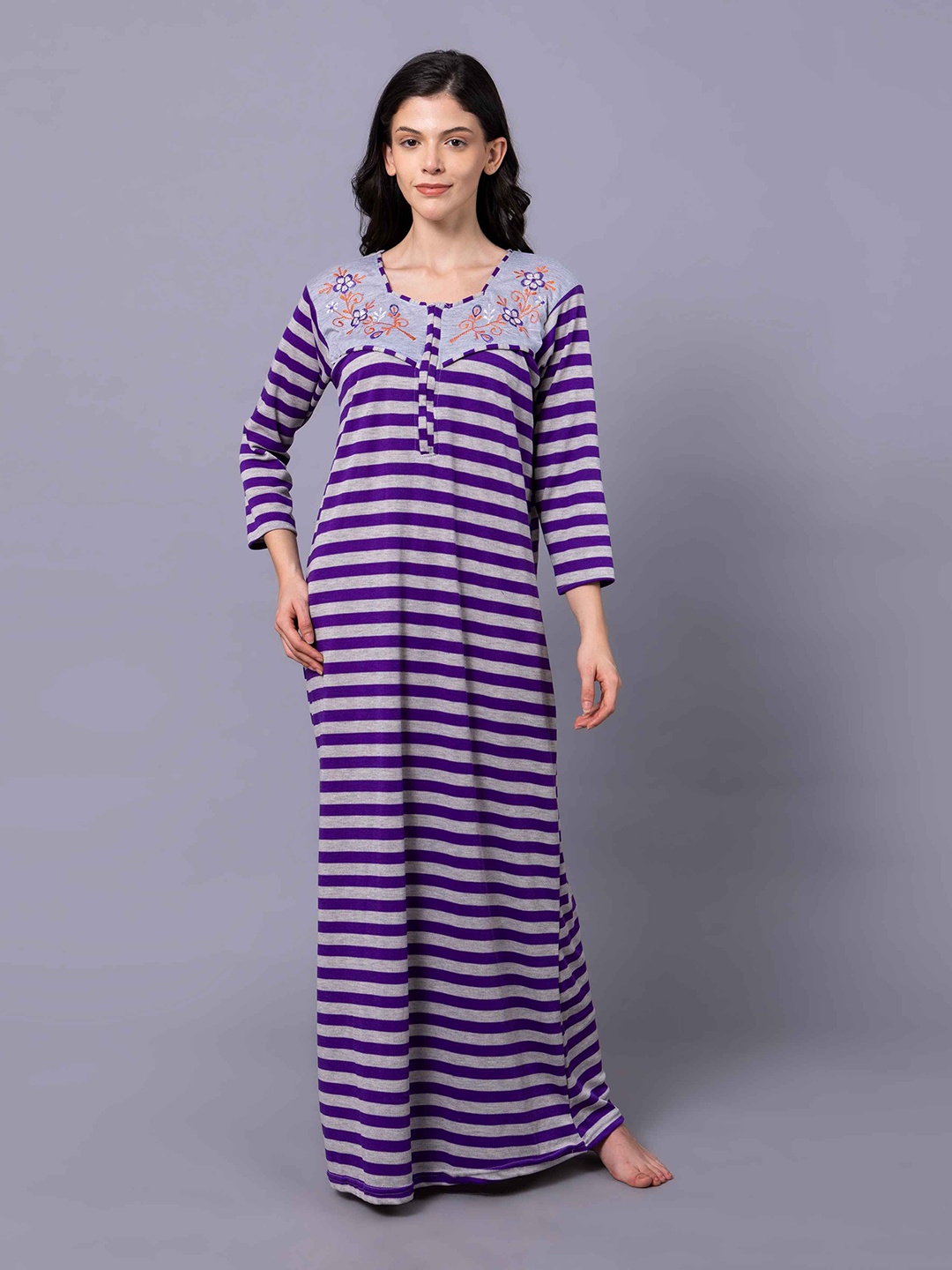 

AVYAY Women Printed Winter Maxi Nightdress, Purple