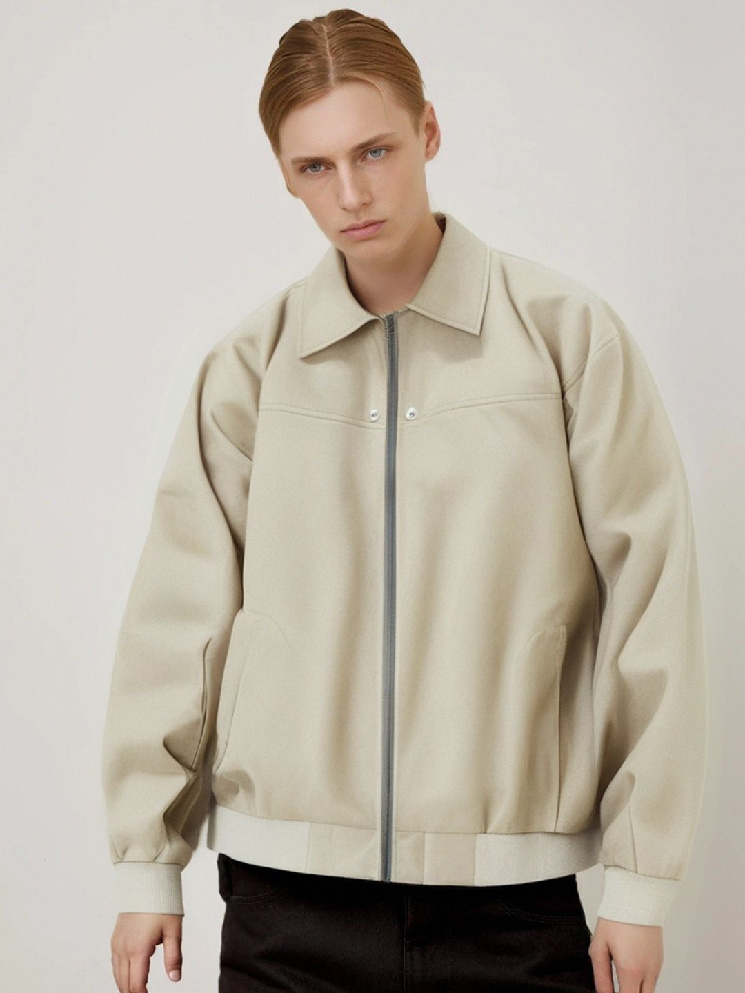 

StyleCast x Revolte Men Spread Collar Solid Casual Bomber Jacket, Beige