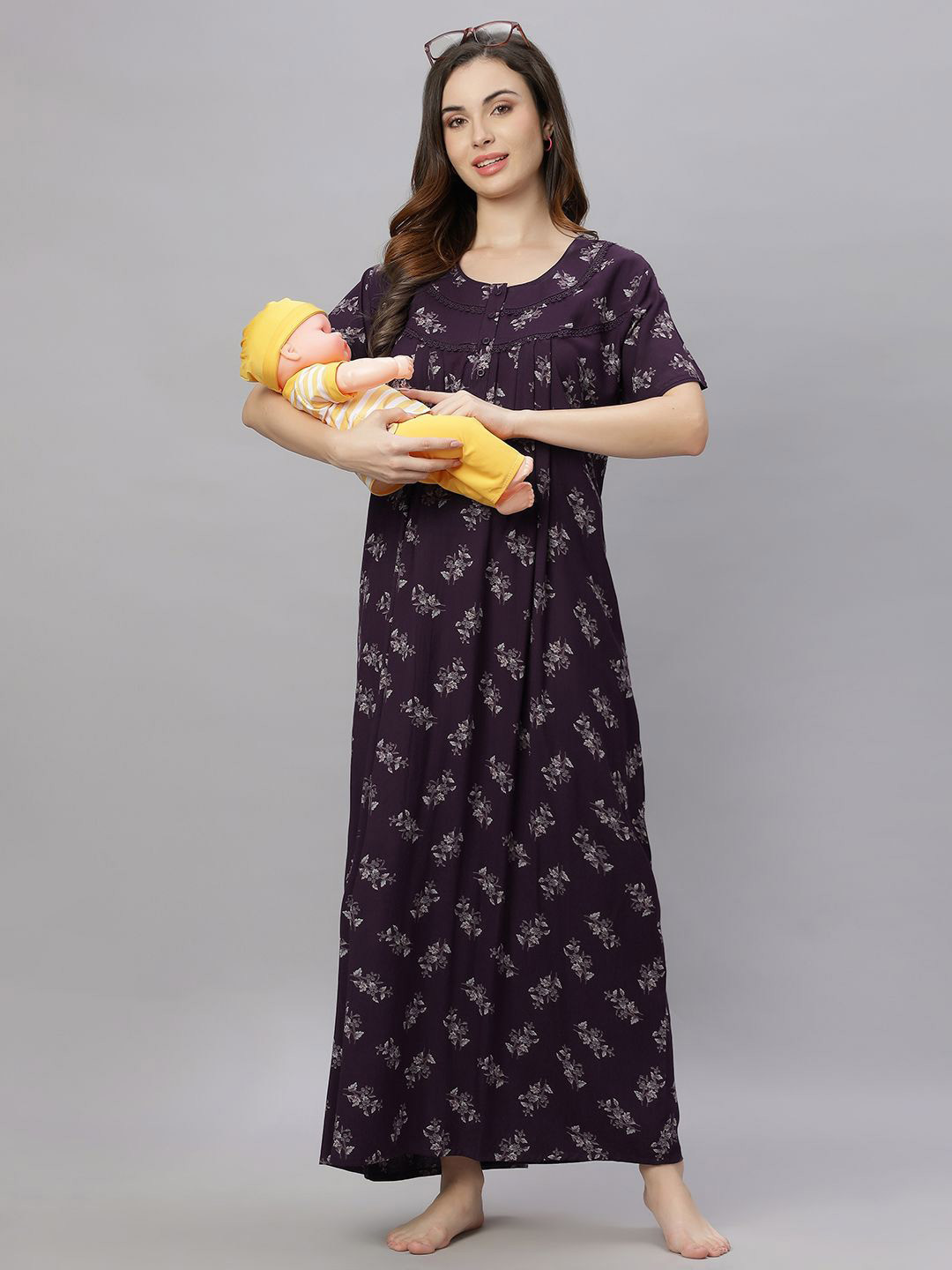 

QUIRA Women Printed Round Neck Short Sleeves Maternity Maxi Nightdress, Burgundy
