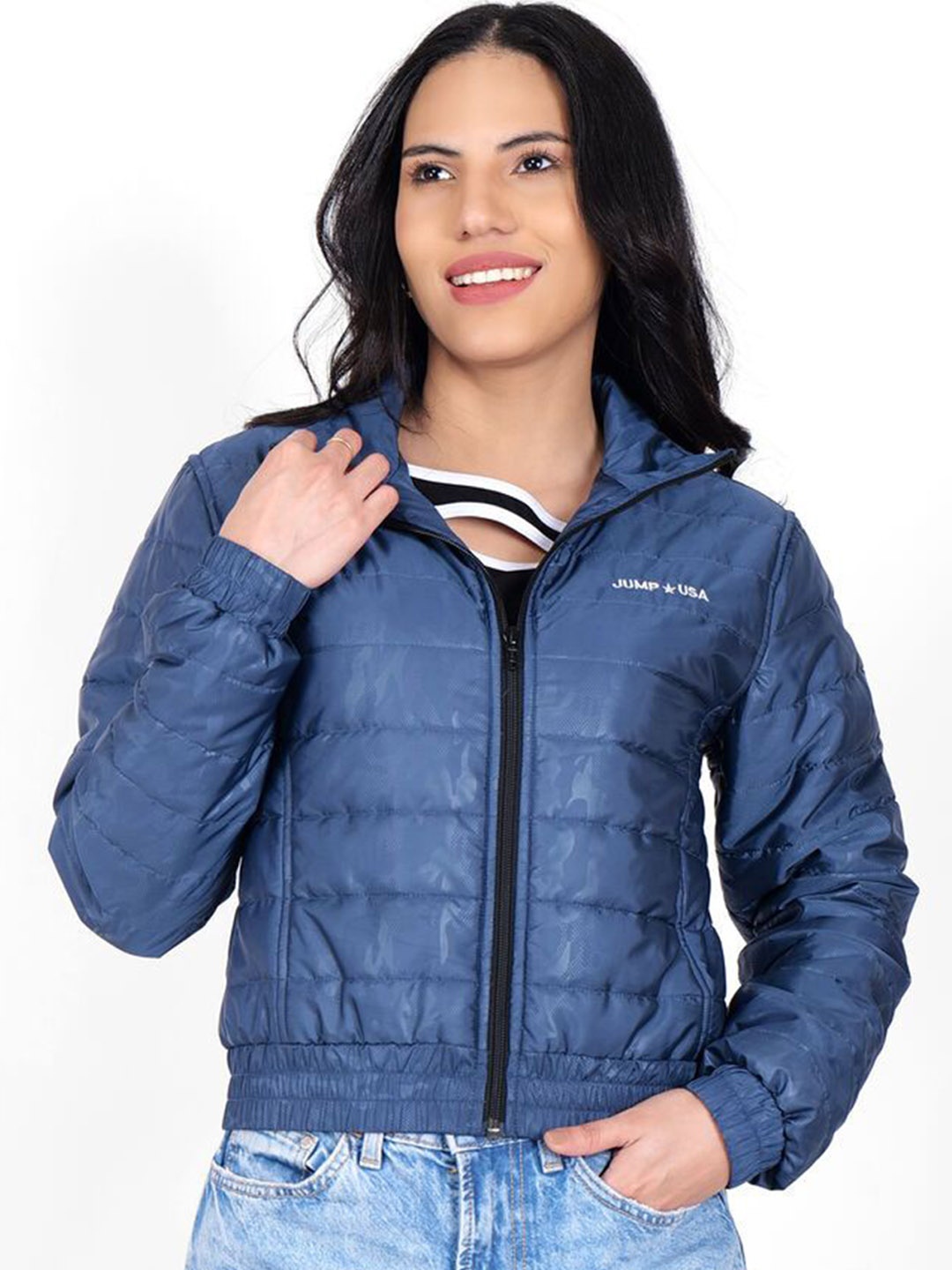 

JUMP USA Women Mock Collar Solid Casual Quilted Jacket, Blue