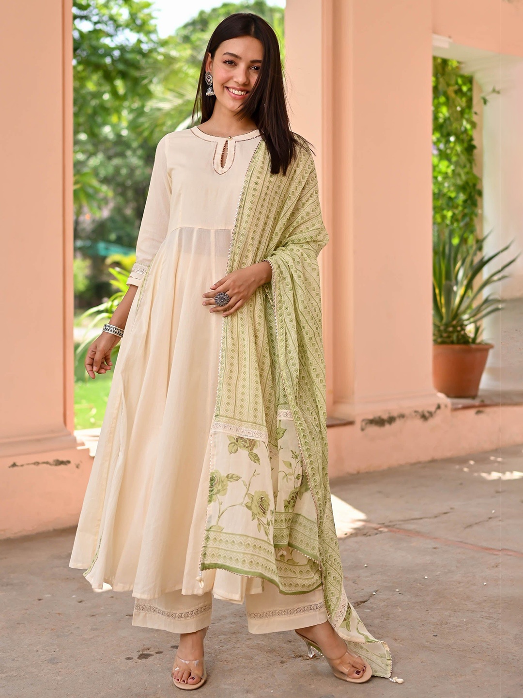 

Bunaai Keyhole Neck Cotton Anarkali Kurta with Pyjamas & Dupatta, Cream