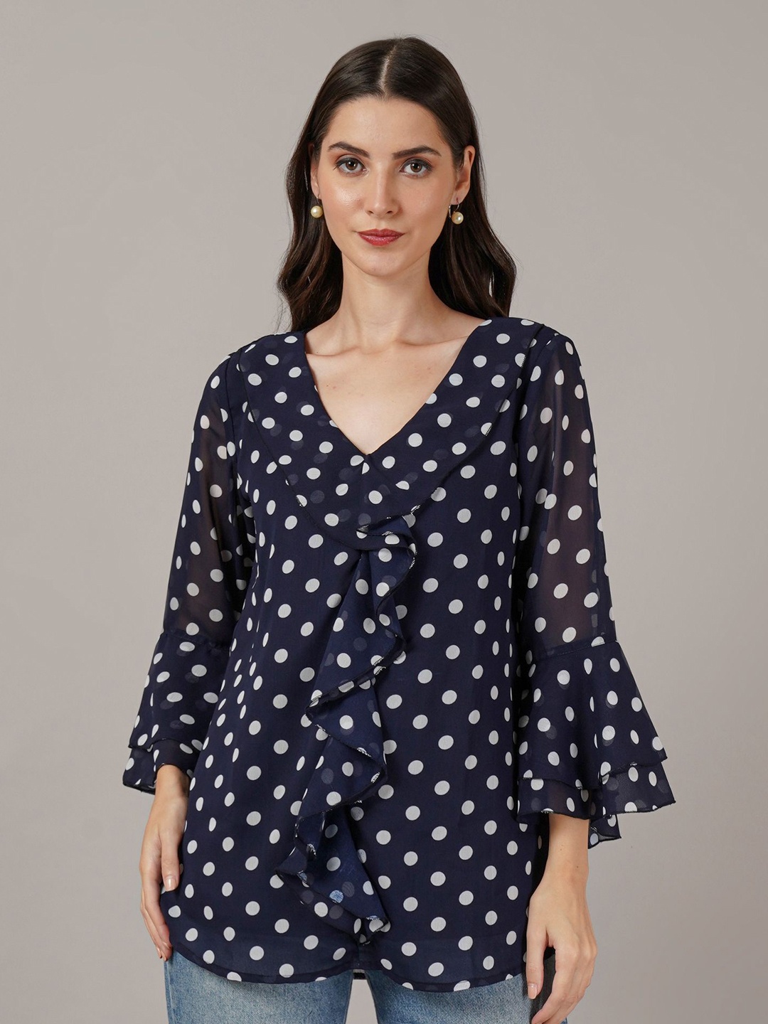 

Curvydrobe Women Polka Dots Printed Bell Sleeve Top, Navy blue