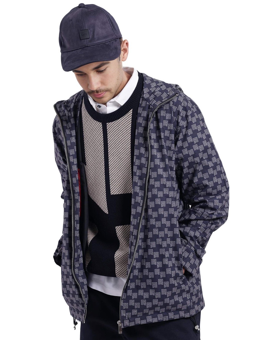 

RARE RABBIT Men Hooded Abstract Printed Casual Tailored Jacket, Navy blue