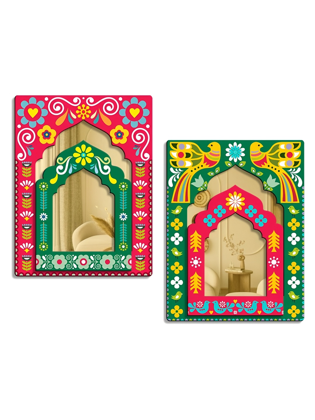 

SEHAZ ARTWORKS Red & Green 2 Pieces Jharokha Printed Wooden Wall Hangings