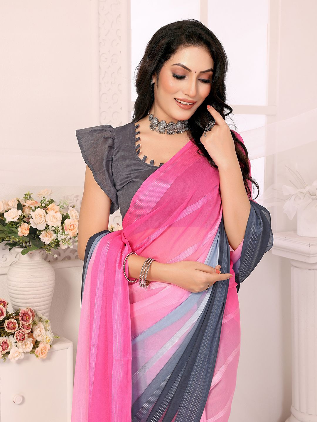 

Moda Rapido Striped Satin Saree With Blouse Piece, Pink