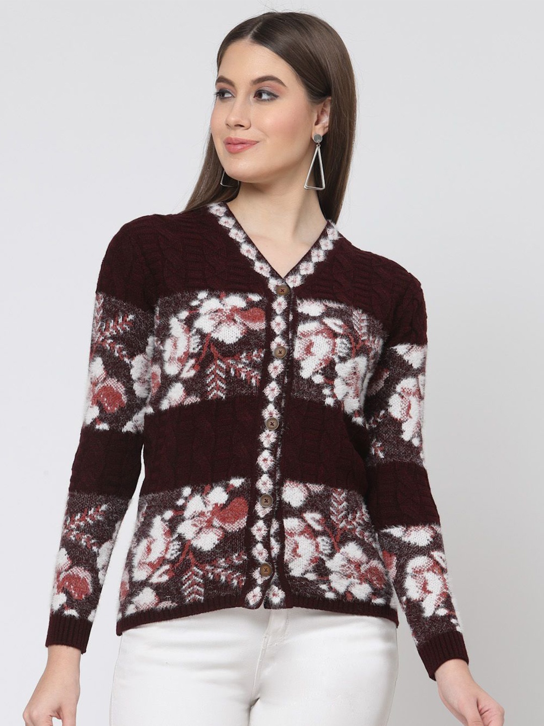 

Kalt Women Floral Self Design Cardigan Sweater, Maroon