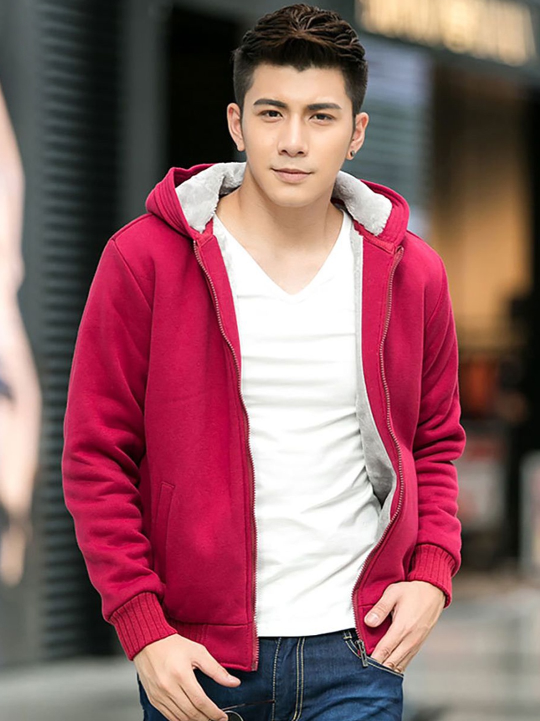 

StyleCast x Revolte Men Hooded Solid Casual Bomber Jacket, Red