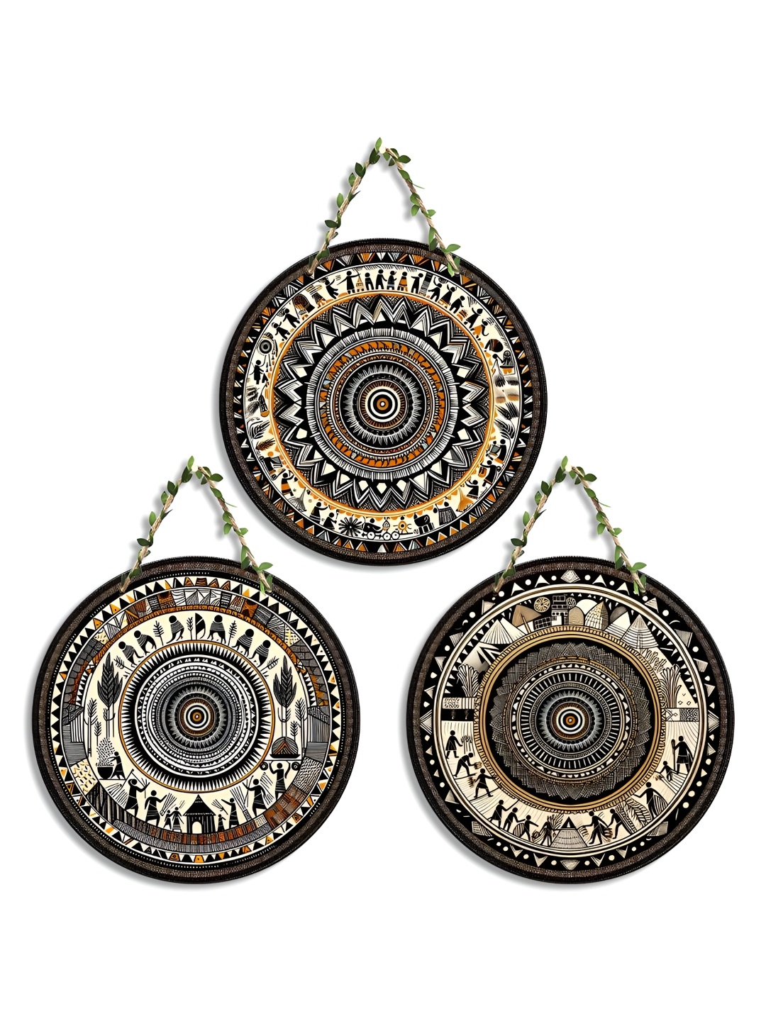 

SEHAZ ARTWORKS Brown & Beige 3 Pieces Printed Wooden Wall Hangings