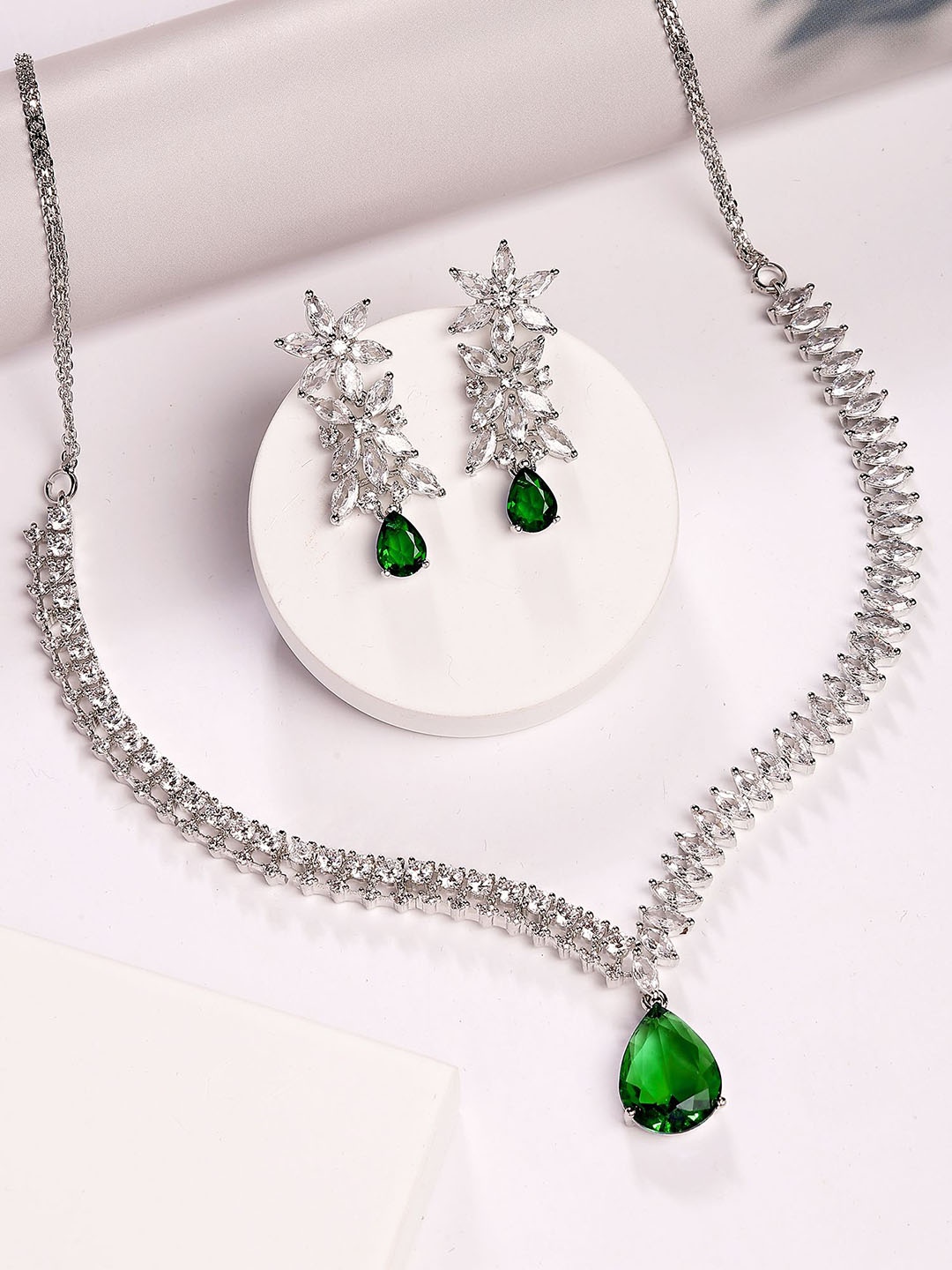 

KARATCART Silver-Plated American Diamond Stone-Studded Jewellery Set