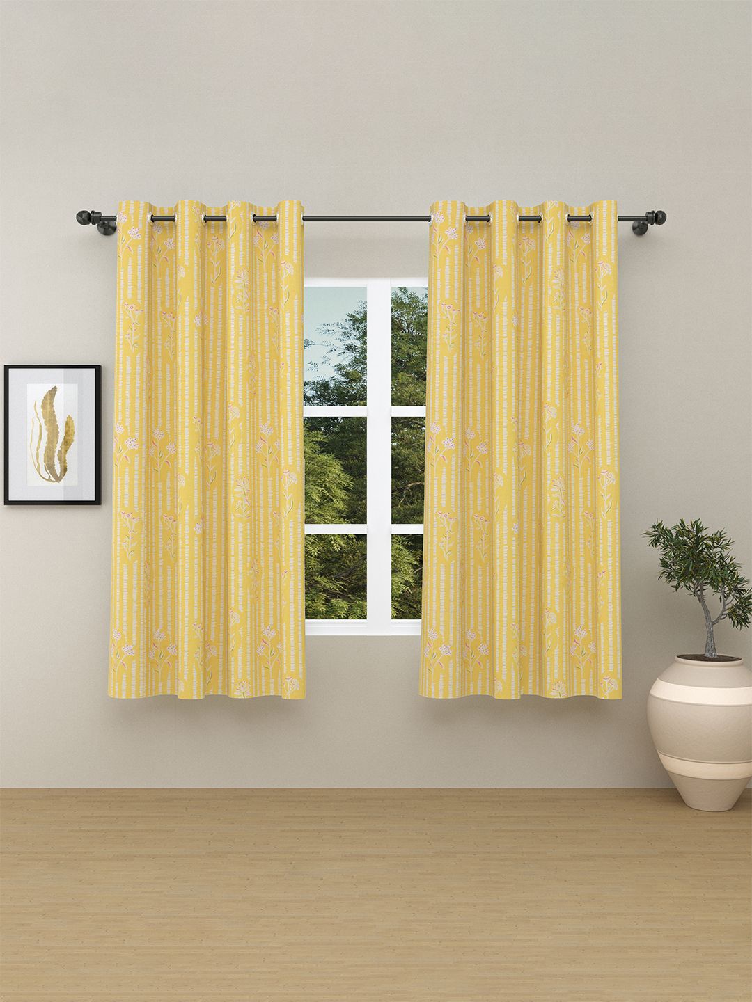 

haus & kinder Yellow & White 2 Pieces Floral Printed Room Darkening Window Curtain