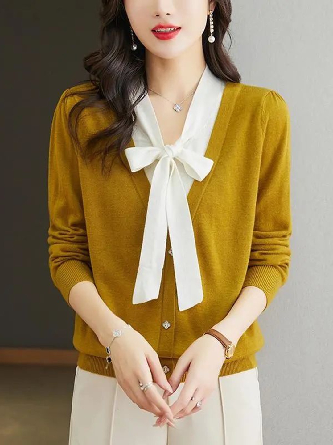 

StyleCast Women Long Sleeves Bow Detail V-Neck Cardigan, Mustard