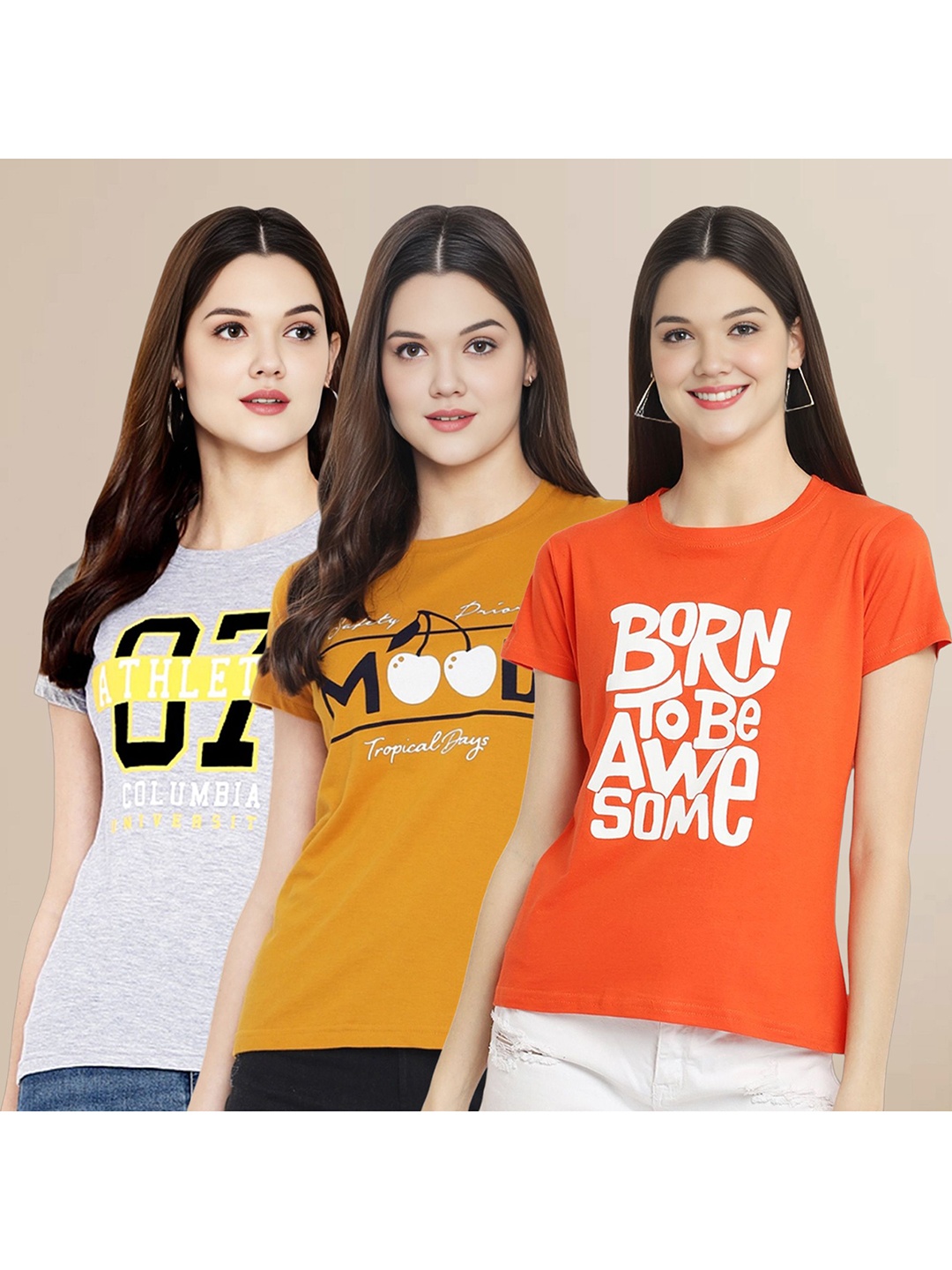 

Metronaut Women Pack Of 3 Typography Printed Round Neck Cotton T-shirts, Grey