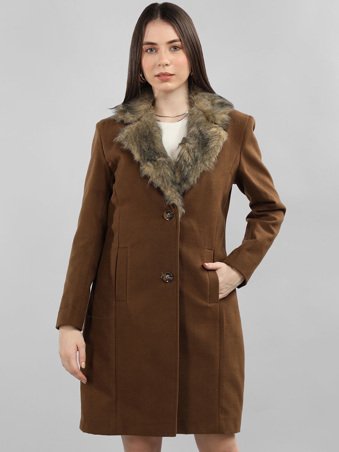 

Plagg Single Women Notched Lapel Breasted Woollen Button Closure Overcoat, Brown