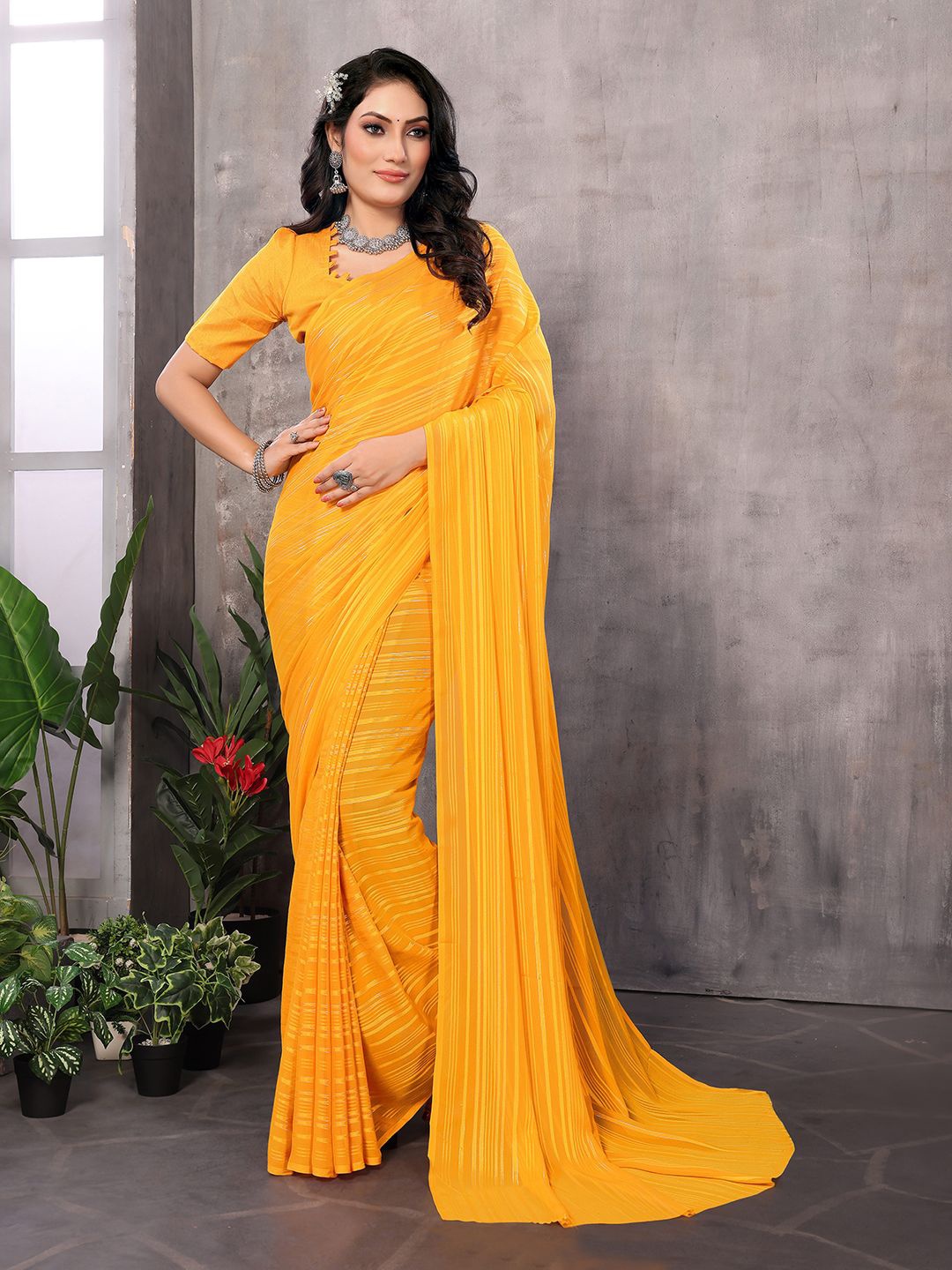 

Moda Rapido Striped Satin Saree With Unstitched Blouse Piece, Yellow