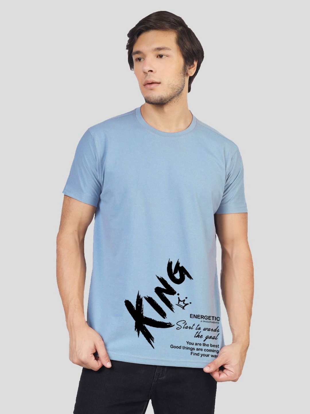 

Greylongg Men Typography Printed Round Neck Cotton T-shirt, Blue