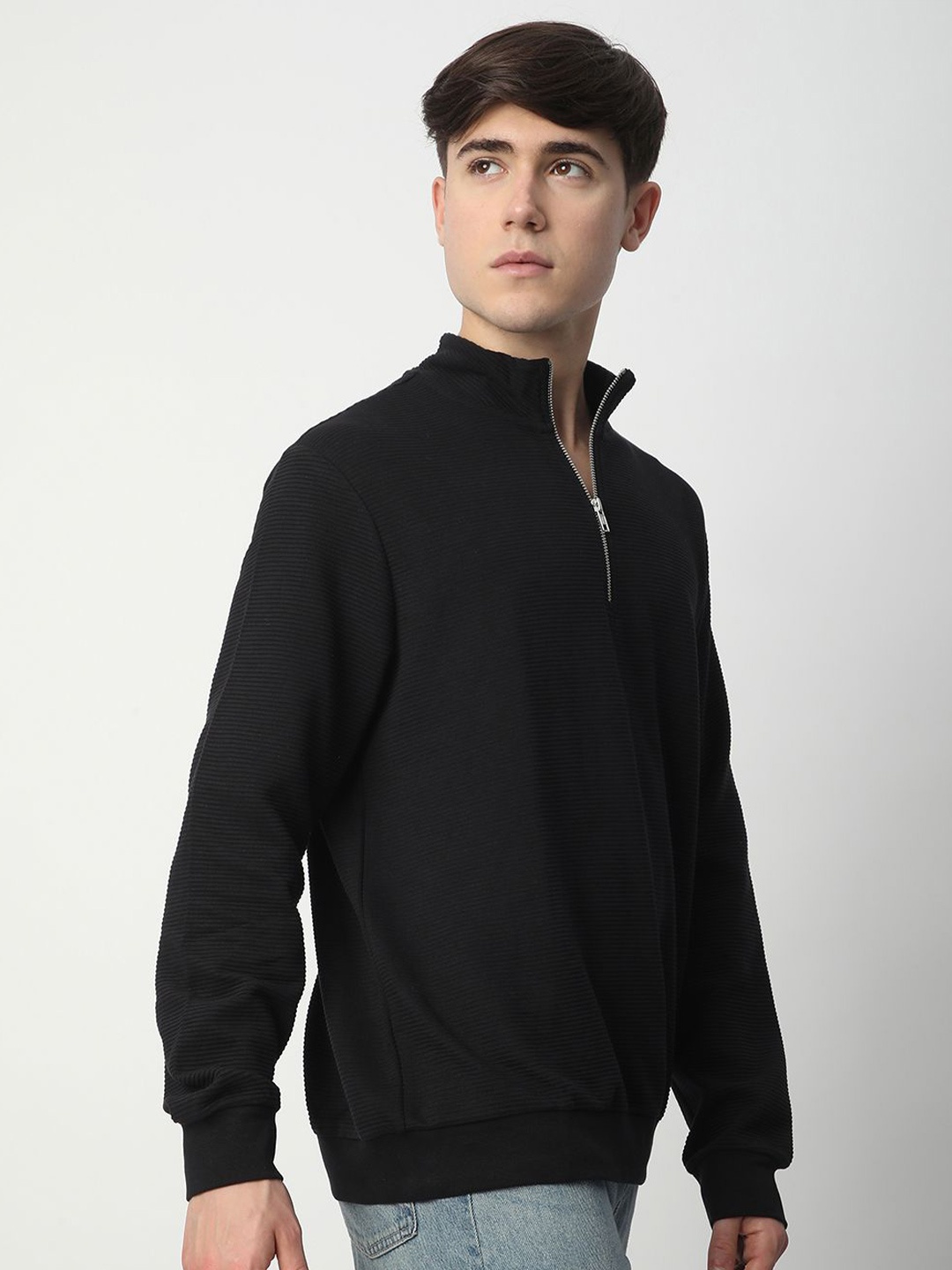 

R&B Men Cotton Henley Neck Long Sleeves Sweatshirt, Black