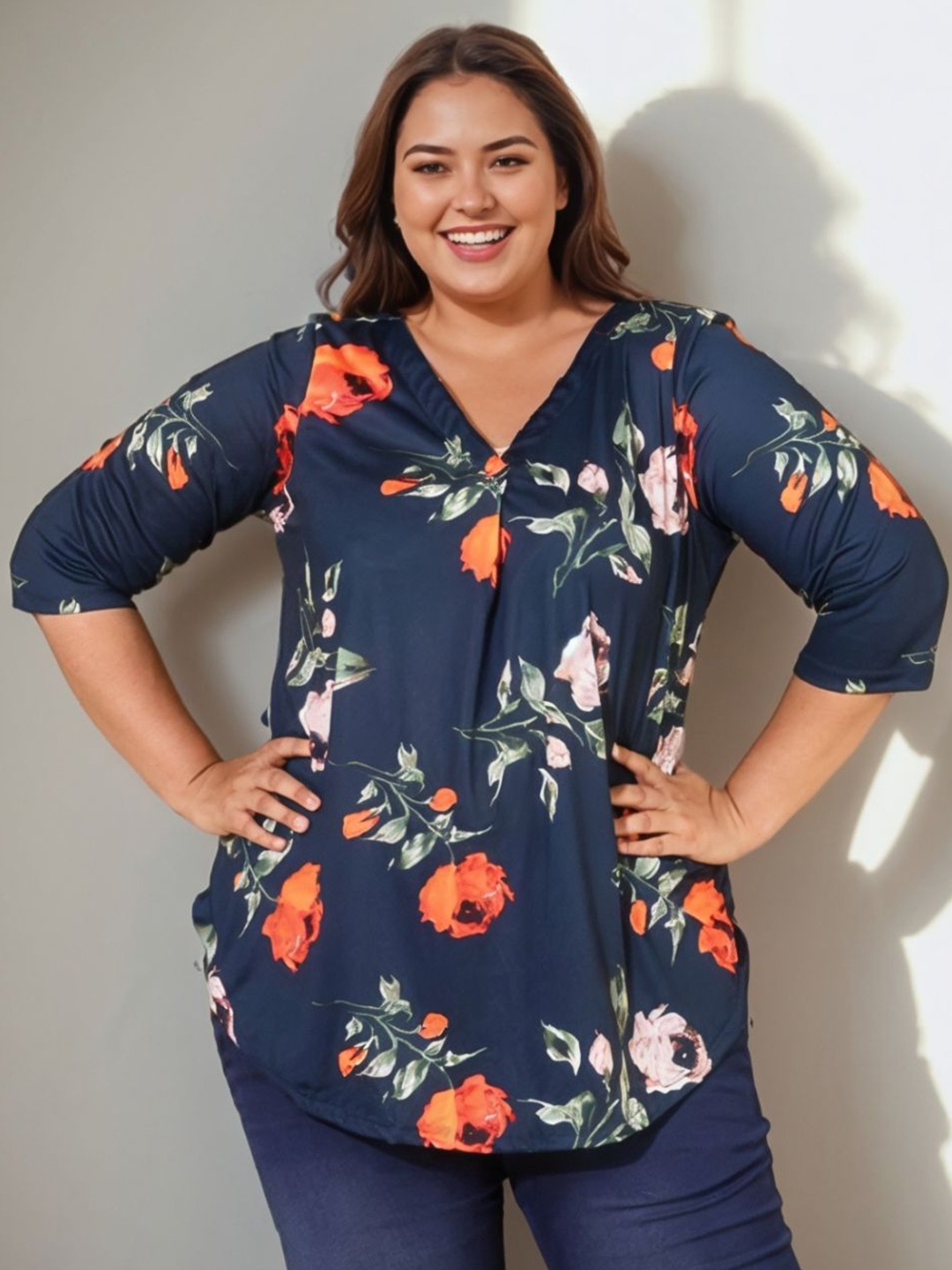 

Amydus Women Floral Printed V-neck Plus Size Top, Navy blue