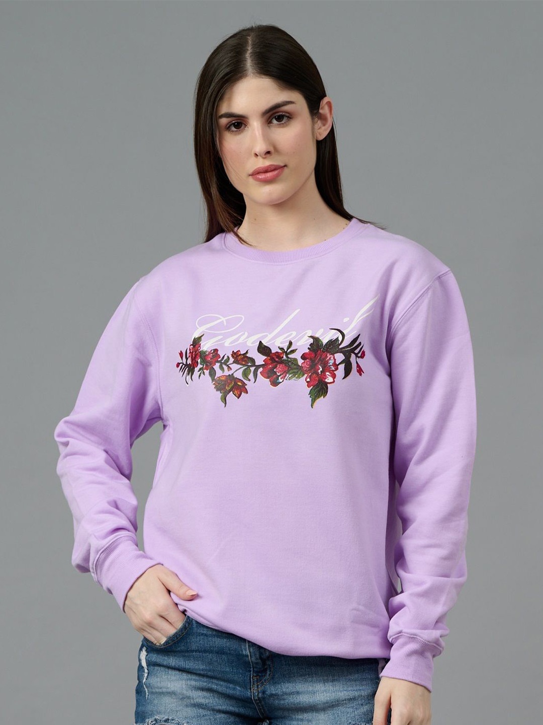 

GO DEVIL Women Printed Oversized Sweatshirt, Purple